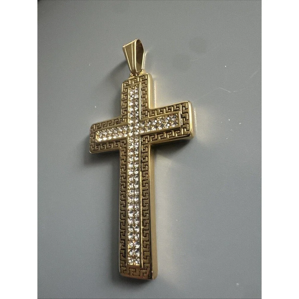 Cross Pendant Cubic Zirconia 24” Chain Gold Plated Religious Faith Gift Unisex